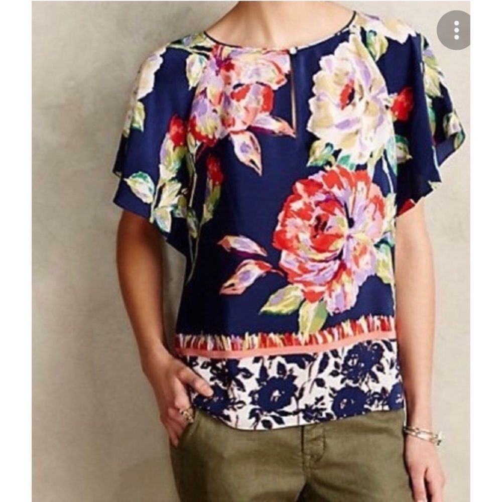 Anthropologie Maeve 100% Silk Navy Blue Floral Sheer Short Sleeve Blouse Sz 0